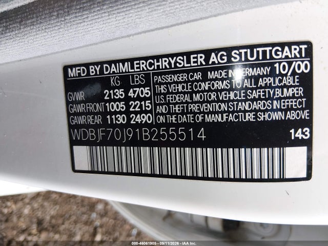 2001 Mercedes-benz E 430 მანქანა იყიდება აუქციონზე, vin: WDBJF70J91B255514, აუქციონის ნომერი: 46061905