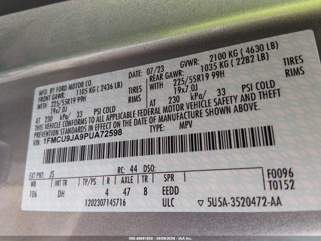 Auction sale of the 2023 Ford Escape Platinum, vin: 1FMCU9JA9PUA72598, lot number: 46061908