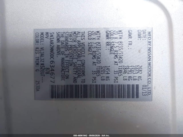 Продажа на аукционе авто 2013 Nissan Pathfinder Platinum, vin: 5N1AR2MN0DC634677, номер лота: 46061942