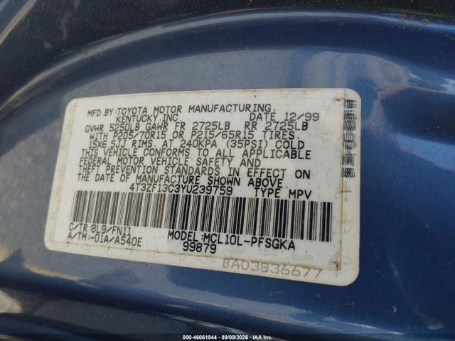 Aukcja sprzedaży 2000 Toyota Sienna Le, vin: 4T3ZF13C3YU239759, numer aukcji: 46061944