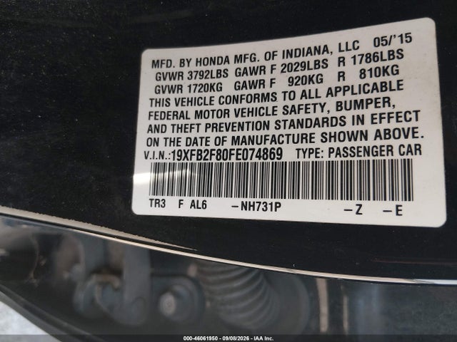Aukcja sprzedaży 2015 Honda Civic Ex, vin: 19XFB2F80FE074869, numer aukcji: 46061950