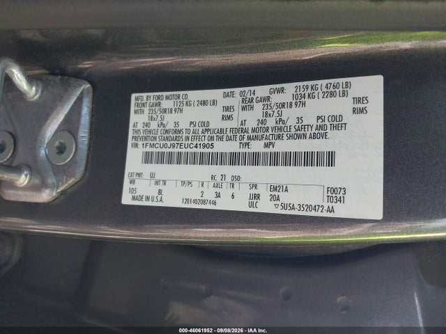 46061952 :رقم المزاد ، 1FMCU0J97EUC41905 vin ، 2014 Ford Escape Titanium مزاد بيع
