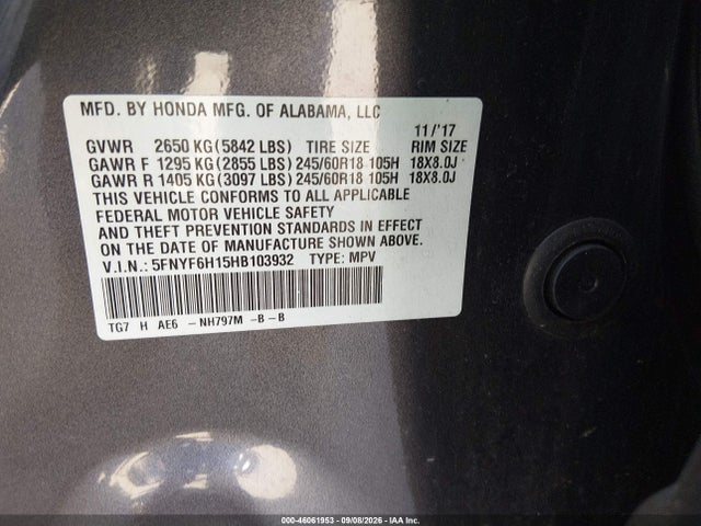 Продажа на аукционе авто 2017 Honda Pilot Lx, vin: 5FNYF6H15HB103932, номер лота: 46061953