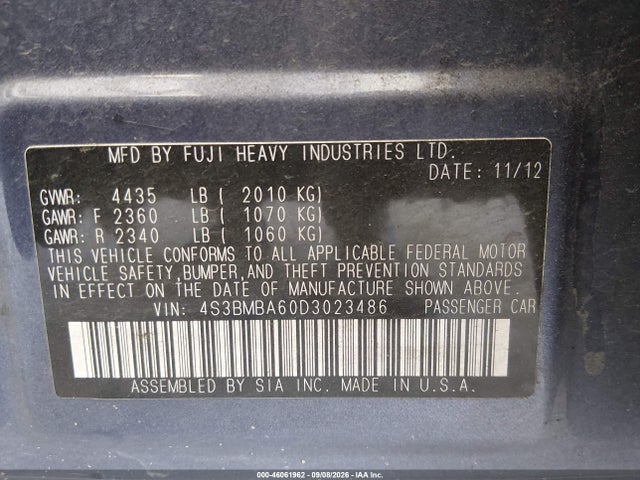 Aukcja sprzedaży 2013 Subaru Legacy 2.5i, vin: 4S3BMBA60D3023486, numer aukcji: 46061962