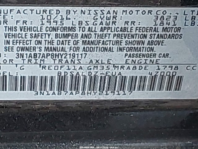46061966 :رقم المزاد ، 3N1AB7AP8HY219117 vin ، 2017 Nissan Sentra Sv مزاد بيع