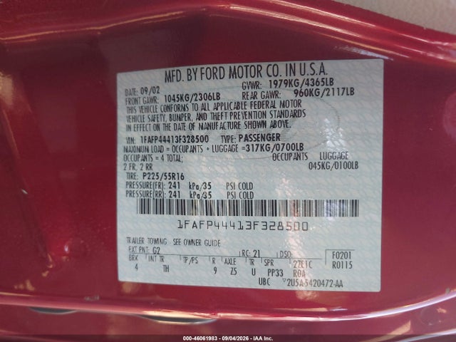 2003 Ford Mustang მანქანა იყიდება აუქციონზე, vin: 1FAFP44413F328500, აუქციონის ნომერი: 46061983