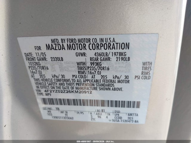 Aukcja sprzedaży 2006 Mazda Tribute I, vin: 4F2YZ02Z26KM20912, numer aukcji: 46061987