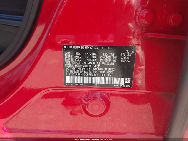 46061990 :رقم المزاد ، 3CZRU6H53GM759385 vin ، 2016 Honda Hr-v Ex مزاد بيع