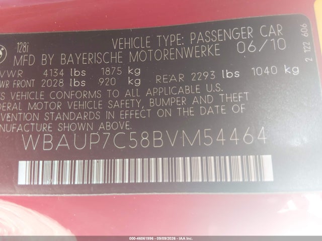 Продажа на аукционе авто 2011 Bmw 128i, vin: WBAUP7C58BVM54464, номер лота: 46061996