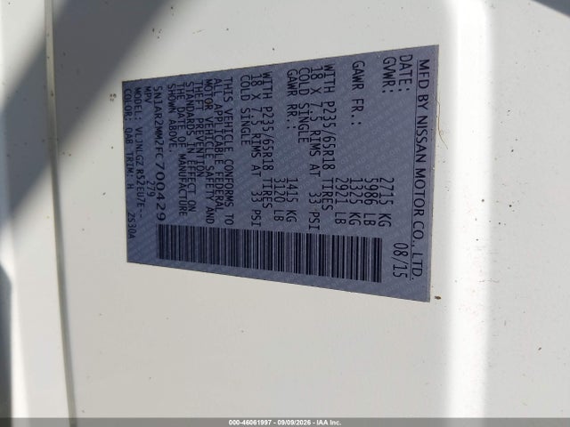 Продаж на аукціоні авто 2015 Nissan Pathfinder Sl, vin: 5N1AR2MM2FC700429, номер лоту: 46061997
