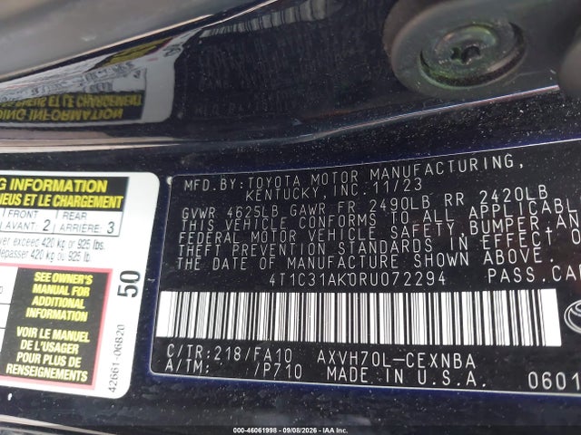2024 Toyota Camry Hybrid Le მანქანა იყიდება აუქციონზე, vin: 4T1C31AK0RU072294, აუქციონის ნომერი: 46061998