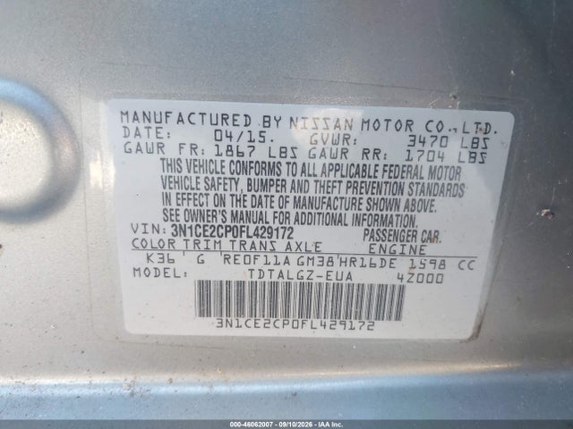 46062007 :رقم المزاد ، 3N1CE2CP0FL429172 vin ، 2015 Nissan Versa Note Sr مزاد بيع
