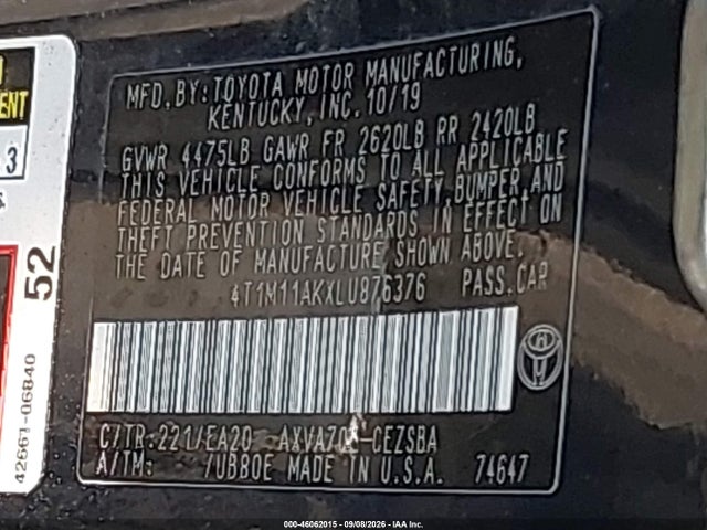 Aukcja sprzedaży 2020 Toyota Camry Se, vin: 4T1M11AKXLU876376, numer aukcji: 46062015