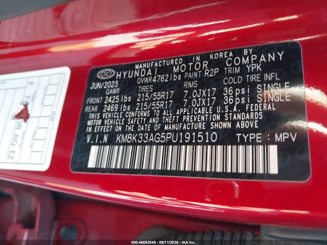 46062049 :رقم المزاد ، KM8K33AG5PU191510 vin ، 2023 Hyundai Kona Electric Sel مزاد بيع