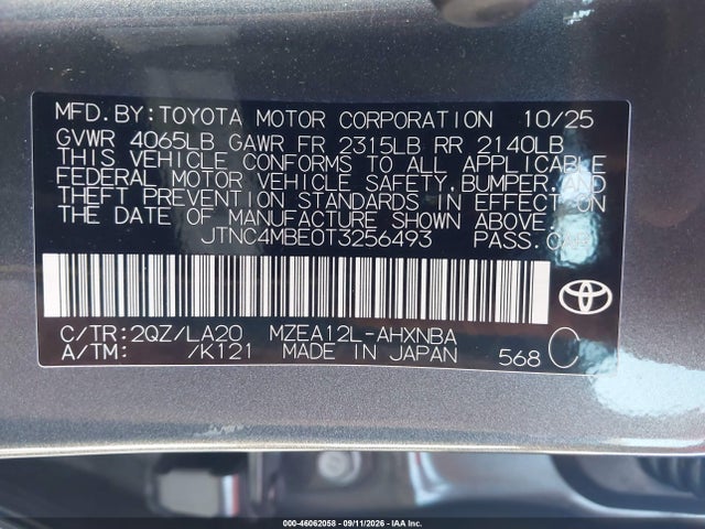 Продаж на аукціоні авто 2026 Toyota Corolla Xse, vin: JTNC4MBE0T3256493, номер лоту: 46062058