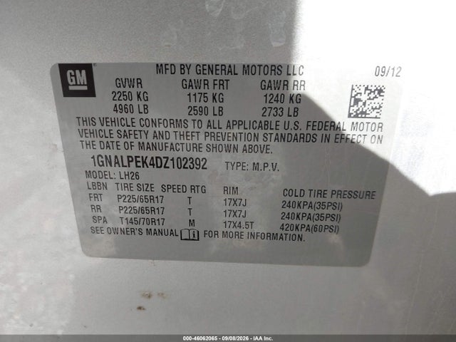 2013 Chevrolet Equinox 2lt მანქანა იყიდება აუქციონზე, vin: 1GNALPEK4DZ102392, აუქციონის ნომერი: 46062065