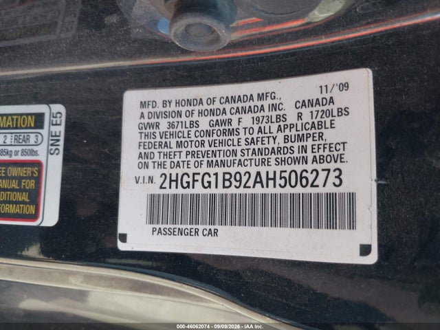 46062074 :رقم المزاد ، 2HGFG1B92AH506273 vin ، 2010 Honda Civic Ex-l مزاد بيع