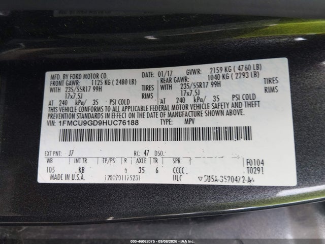 Aukcja sprzedaży 2017 Ford Escape Se, vin: 1FMCU9GD9HUC76188, numer aukcji: 46062075