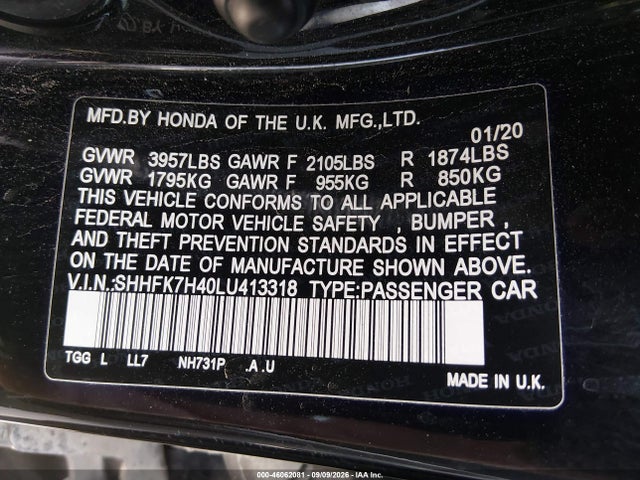 Продаж на аукціоні авто 2020 Honda Civic Sport, vin: SHHFK7H40LU413318, номер лоту: 46062081