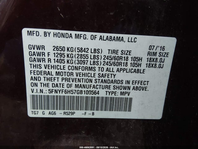Продажа на аукционе авто 2016 Honda Pilot Ex-l, vin: 5FNYF6H57GB100564, номер лота: 46062091