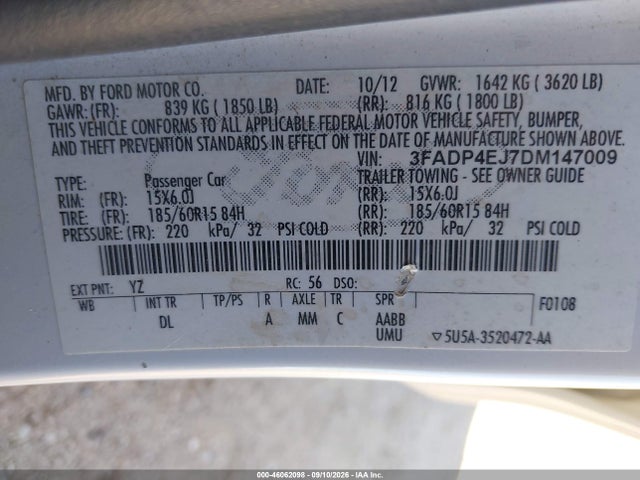 2013 Ford Fiesta Se მანქანა იყიდება აუქციონზე, vin: 3FADP4EJ7DM147009, აუქციონის ნომერი: 46062098