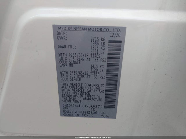 Продаж на аукціоні авто 2020 Nissan Pathfinder S 4wd, vin: 5N1DR2AM1LC650071, номер лоту: 46062100