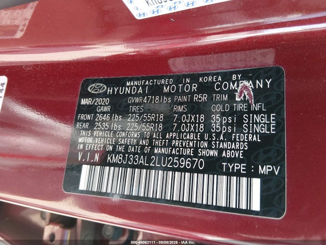 Продажа на аукционе авто 2020 Hyundai Tucson Limited, vin: KM8J33AL2LU259670, номер лота: 46062111
