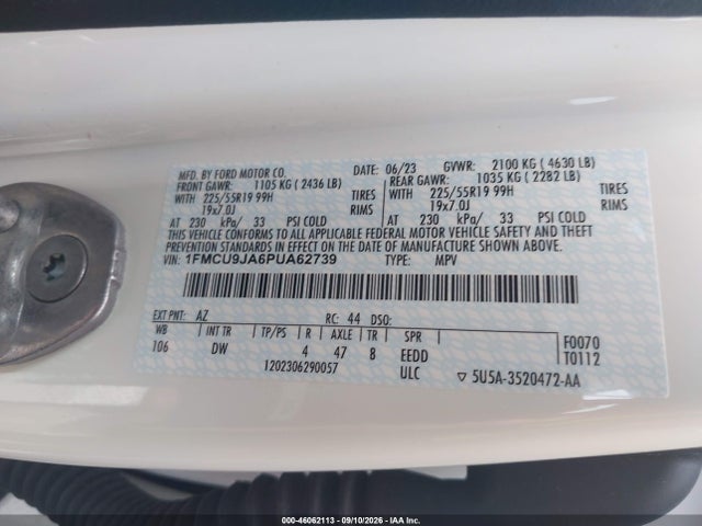 46062113 :رقم المزاد ، 1FMCU9JA6PUA62739 vin ، 2023 Ford Escape Platinum مزاد بيع