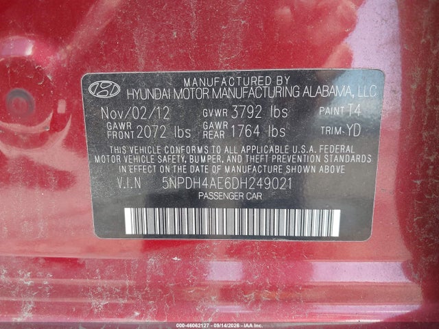 2013 Hyundai Elantra Gls მანქანა იყიდება აუქციონზე, vin: 5NPDH4AE6DH249021, აუქციონის ნომერი: 46062127