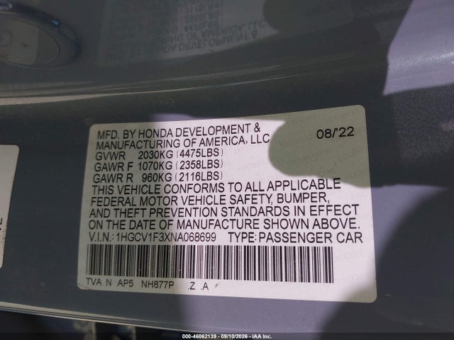 46062139 :رقم المزاد ، 1HGCV1F3XNA068699 vin ، 2022 Honda Accord Sport مزاد بيع