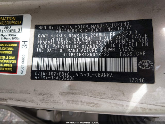 Продажа на аукционе авто 2008 Toyota Camry, vin: 4T4BE46K48R018193, номер лота: 46062155