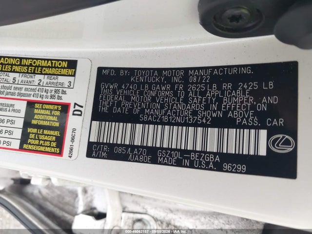 Aukcja sprzedaży 2022 Lexus Es 350, vin: 58ACZ1B12NU137542, numer aukcji: 46062157