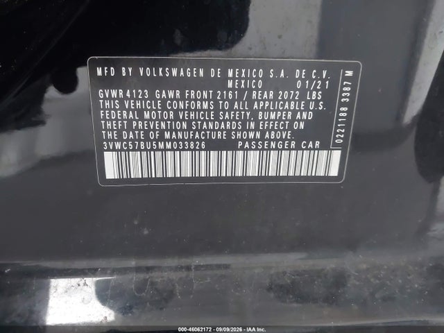 46062172 :رقم المزاد ، 3VWC57BU5MM033826 vin ، 2021 Volkswagen Jetta 1.4t R-line/1.4t S/1.4t Se مزاد بيع