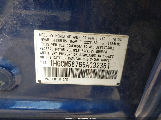 2005 Honda Accord 2.4 Ex მანქანა იყიდება აუქციონზე, vin: 1HGCM56765A032361, აუქციონის ნომერი: 46062177
