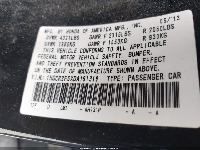 46062179 :رقم المزاد ، 1HGCR2F5XDA191316 vin ، 2013 Honda Accord Sport مزاد بيع