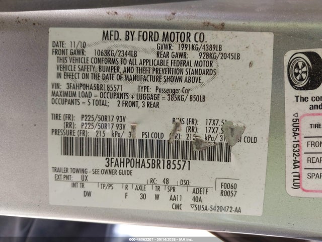 2011 Ford Fusion Se მანქანა იყიდება აუქციონზე, vin: 3FAHP0HA5BR185571, აუქციონის ნომერი: 46062207