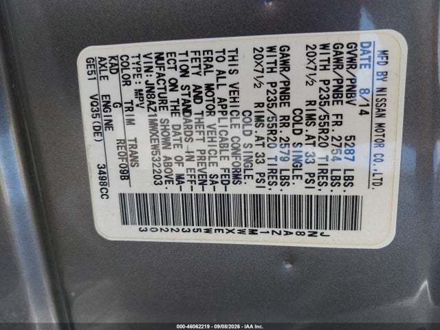 Продажа на аукционе авто 2014 Nissan Murano Le, vin: JN8AZ1MWXEW532203, номер лота: 46062219