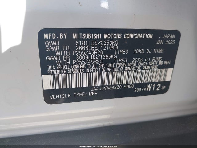 2025 Mitsubishi Outlander Se 2.5 2wd მანქანა იყიდება აუქციონზე, vin: JA4J3VA84SZ015980, აუქციონის ნომერი: 46062220