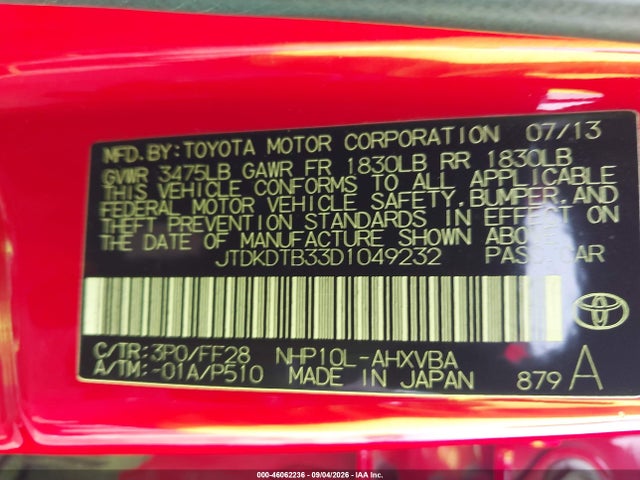 46062236 :رقم المزاد ، JTDKDTB33D1049232 vin ، 2013 Toyota Prius C Two مزاد بيع