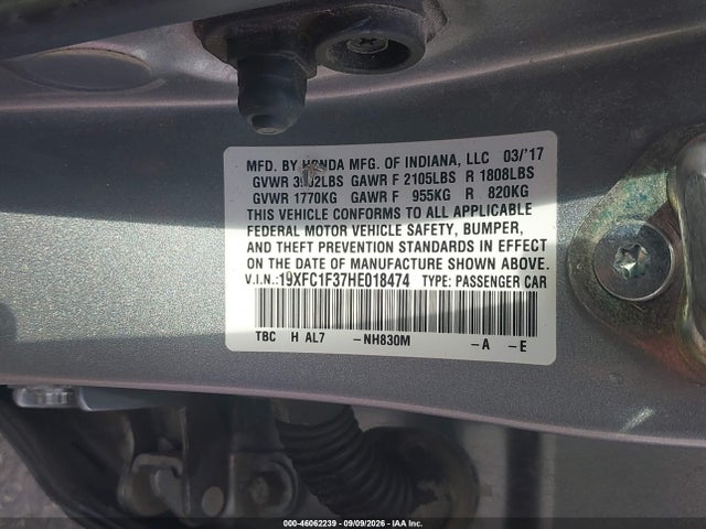 Aukcja sprzedaży 2017 Honda Civic Ex-t, vin: 19XFC1F37HE018474, numer aukcji: 46062239