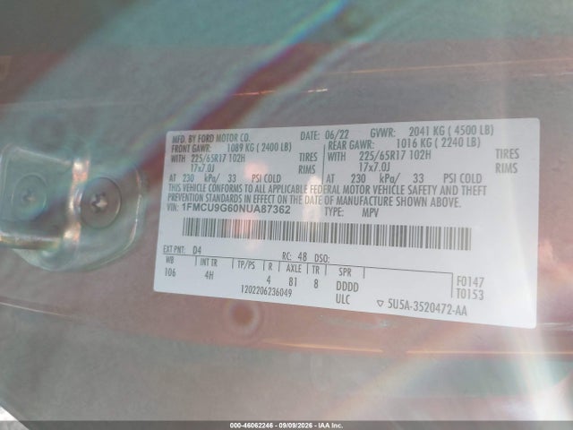 46062246 :رقم المزاد ، 1FMCU9G60NUA87362 vin ، 2022 Ford Escape Se مزاد بيع