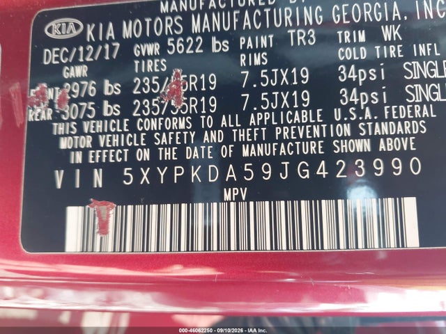 2018 Kia Sorento 3.3l Sx მანქანა იყიდება აუქციონზე, vin: 5XYPKDA59JG423990, აუქციონის ნომერი: 46062250