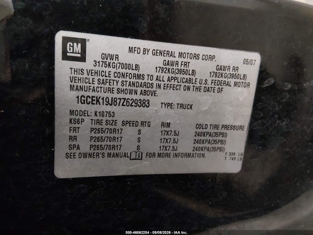 2007 Chevrolet Silverado 1500 Ltz მანქანა იყიდება აუქციონზე, vin: 1GCEK19J87Z629383, აუქციონის ნომერი: 46062254