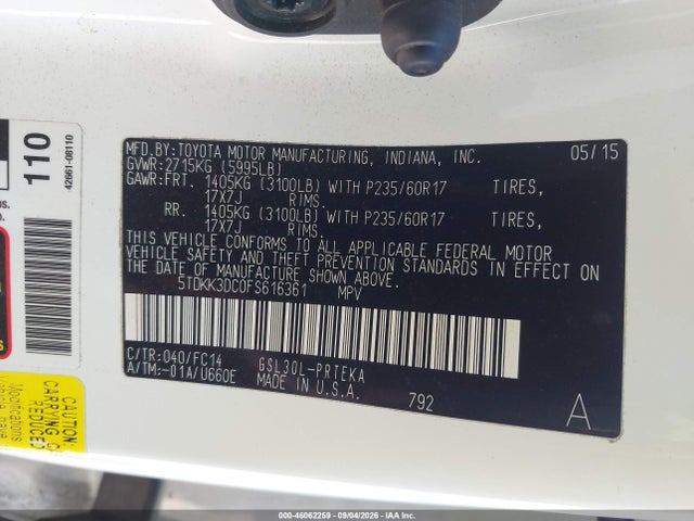 5TDKK3DC0FS616361 Toyota Sienna Le 8 Passenger
