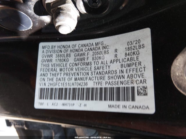 2020 Honda Civic Si Sedan მანქანა იყიდება აუქციონზე, vin: 2HGFC1E51LH704236, აუქციონის ნომერი: 46062266