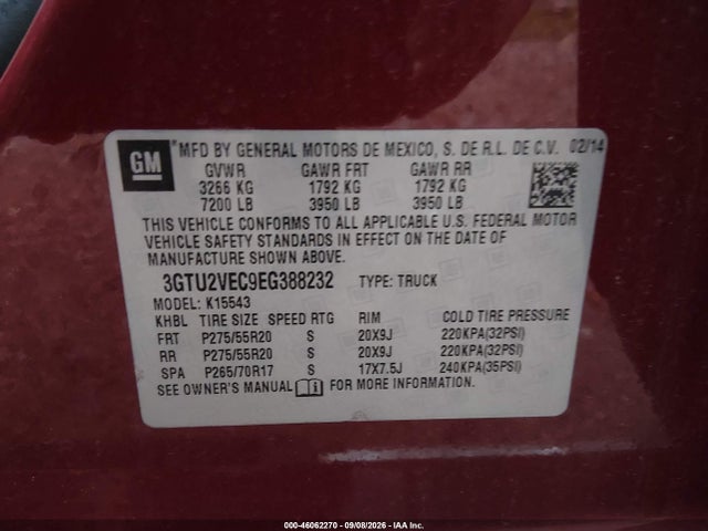 Продаж на аукціоні авто 2014 Gmc Sierra 1500 Slt, vin: 3GTU2VEC9EG388232, номер лоту: 46062270