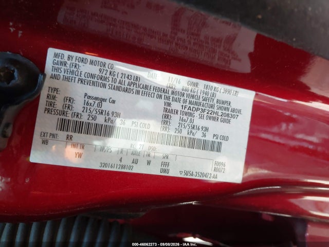 46062273 :رقم المزاد ، 1FADP3F22HL208307 vin ، 2017 Ford Focus Se مزاد بيع
