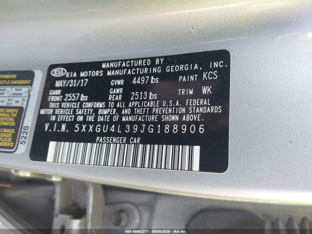 Продажа на аукционе авто 2018 Kia Optima Ex, vin: 5XXGU4L39JG188906, номер лота: 46062277