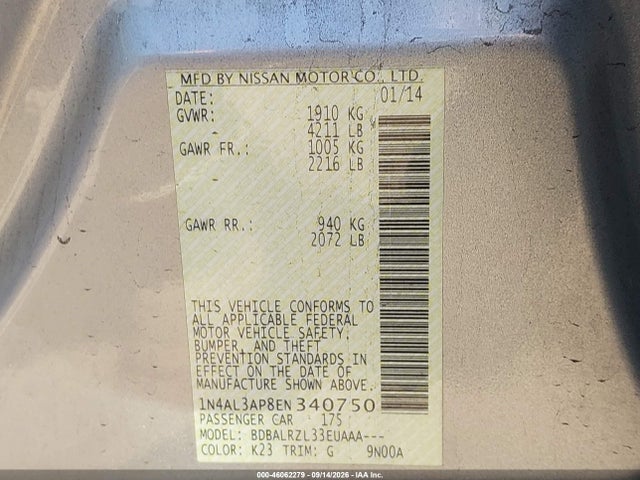 46062279 :رقم المزاد ، 1N4AL3AP8EN340750 vin ، 2014 Nissan Altima 2.5 S مزاد بيع