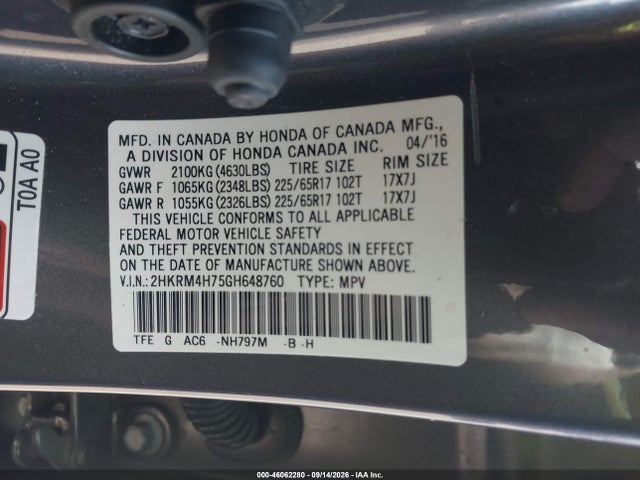 46062280 :رقم المزاد ، 2HKRM4H75GH648760 vin ، 2016 Honda Cr-v Ex-l مزاد بيع
